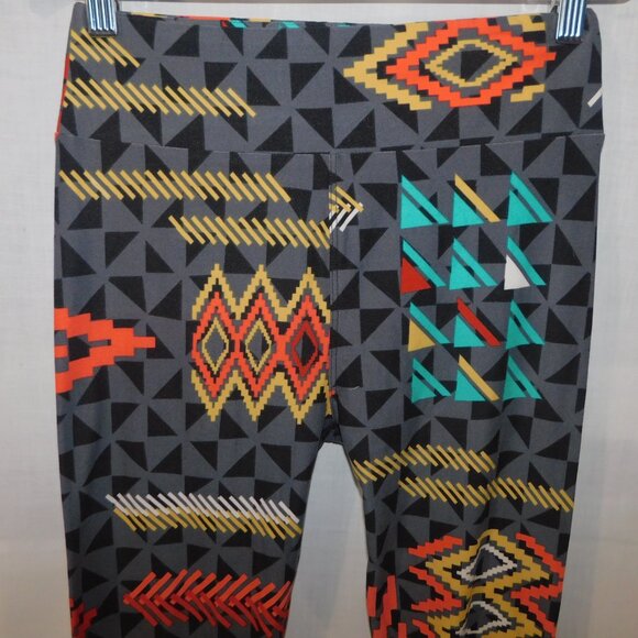 LuLaroe Gray Black Orange Teal Southwestern print Womens Leggings OS size 2 -10 - Picture 4 of 9